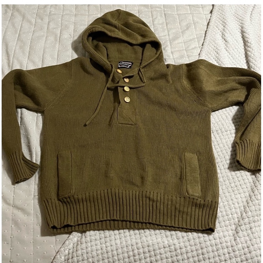 Vintage Monarch Men's Small Olive Green Hooded Knit Henley Sweater Pullover